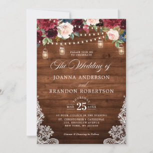 Rustic Wood Burgundy Floral Mason Jar Wedding Invitation