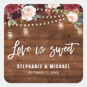 Rustic Wood Burgundy Floral Mason Jar Wedding Squa Square Sticker