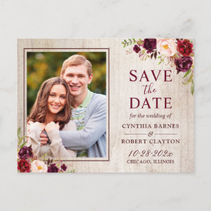Rustic Wood Burgundy Floral Photo Save the Date Postcard