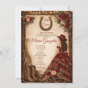 Rustic Wood Burgundy Floral Princess Mis Quince Invitation