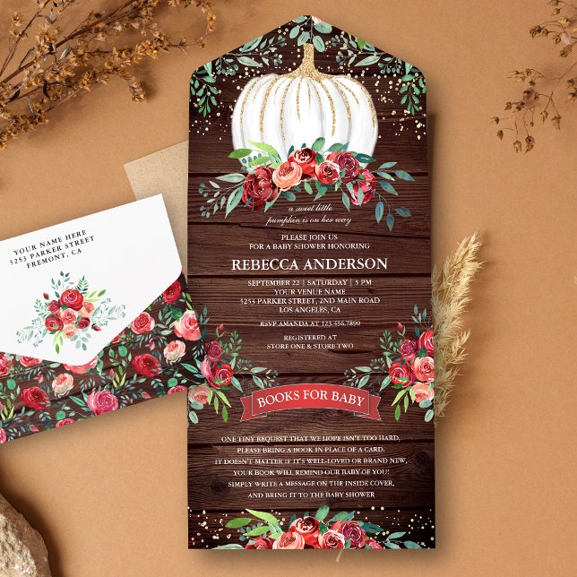 Rustic Wood Burgundy Floral Pumpkin Baby Shower All In One Invitation (Creator Uploaded)