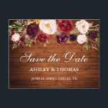 Rustic Wood Burgundy Floral Save the Date Announcement Postcard<br><div class="desc">Rustic Wood Watercolor Burgundy Marsala Floral Save the Date Postcard - Printed Back</div>
