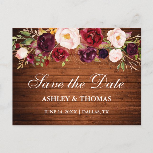 Rustic Wood Burgundy Floral Save the Date Announcement Postcard (Front)