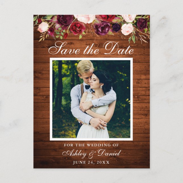 Rustic Wood Burgundy Floral Save the Date Photo Announcement Postcard (Front)