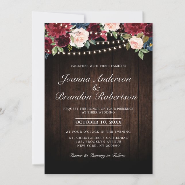 Rustic Wood Burgundy Floral String lights Invitation (Front)