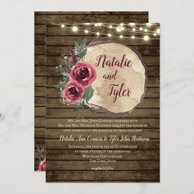 Rustic Wood Burgundy Floral|Tree Slice Lights Wed Invitation (Front/Back)