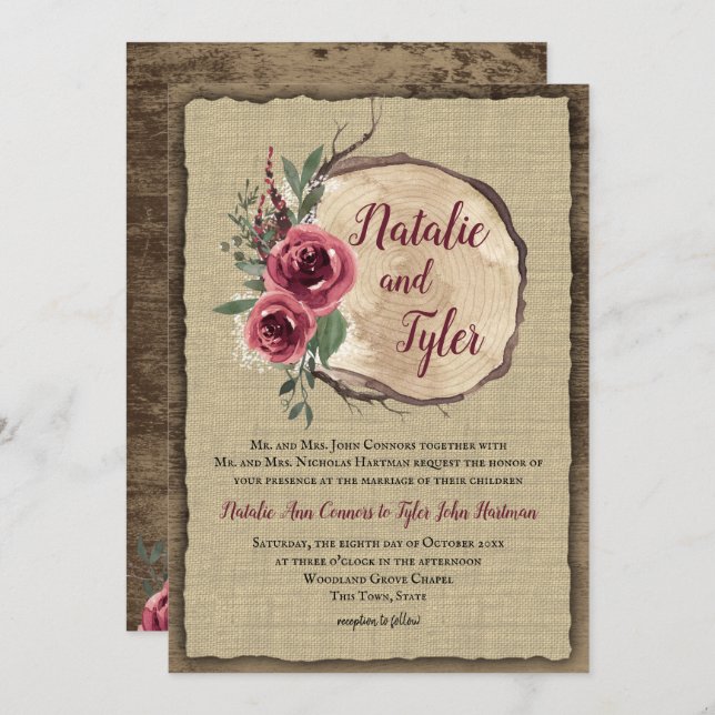 Rustic Wood Burgundy Floral Tree Slice Wedding Invitation (Front/Back)