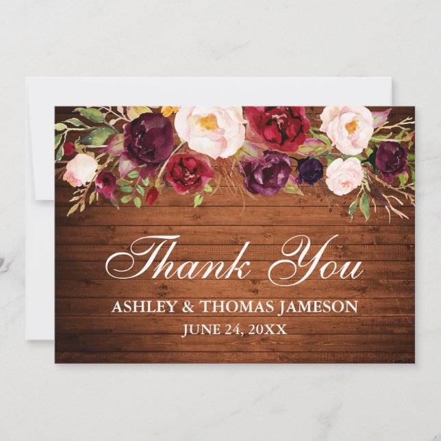 Rustic Wood Burgundy Floral Wedding Thank You (Front)