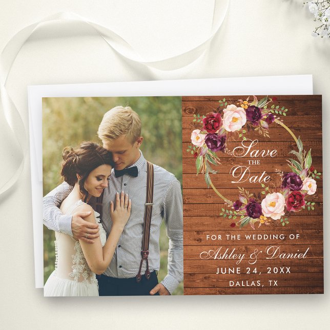 Rustic Wood Burgundy Floral Wreath Save The Date (Customize to change text size, style or to add more text to back of card.)