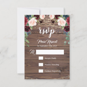 Rustic Wood Burgundy Flowers RSVP Card