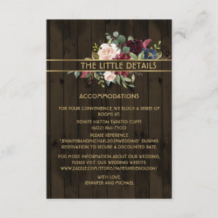 Rustic Wood Burgundy Navy Gold Bouquet Details Enclosure Card
