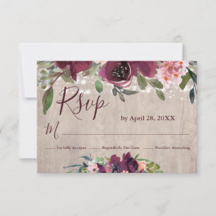 Rustic Wood Burgundy & Pinks Boho Floral Lights RSVP Card