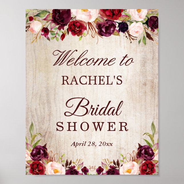 Rustic Wood Burgundy Red Floral Bridal Shower Sign (Front)