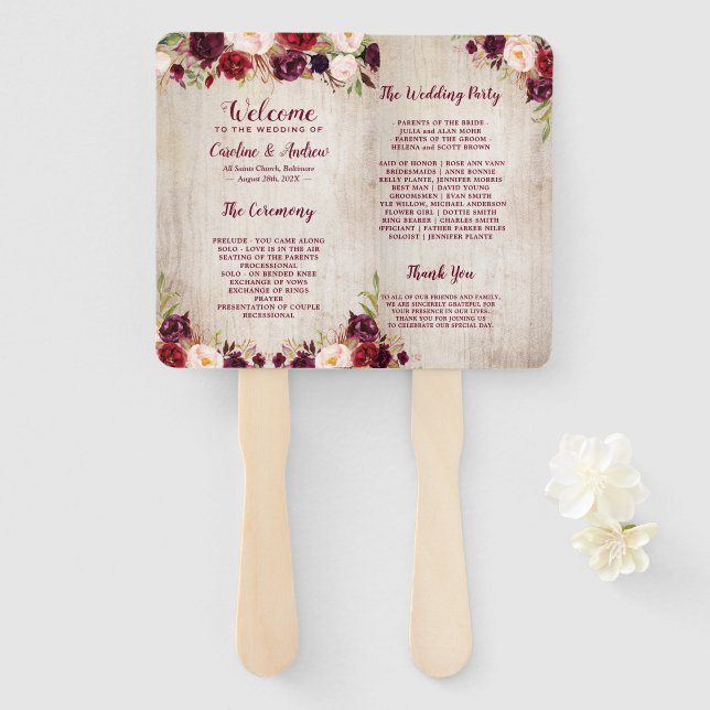 Rustic Wood Burgundy Red Floral Wedding Program Hand Fan (Front and Back)