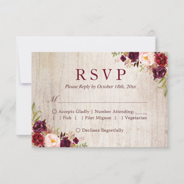 Rustic Wood Burgundy Red Floral Wedding RSVP Card (Front)