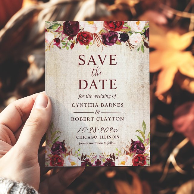 Rustic Wood Burgundy Red Floral Wedding Save The Date (Creator Uploaded)