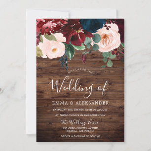 Rustic Wood Burgundy Red Wine Blush Wedding Invitation