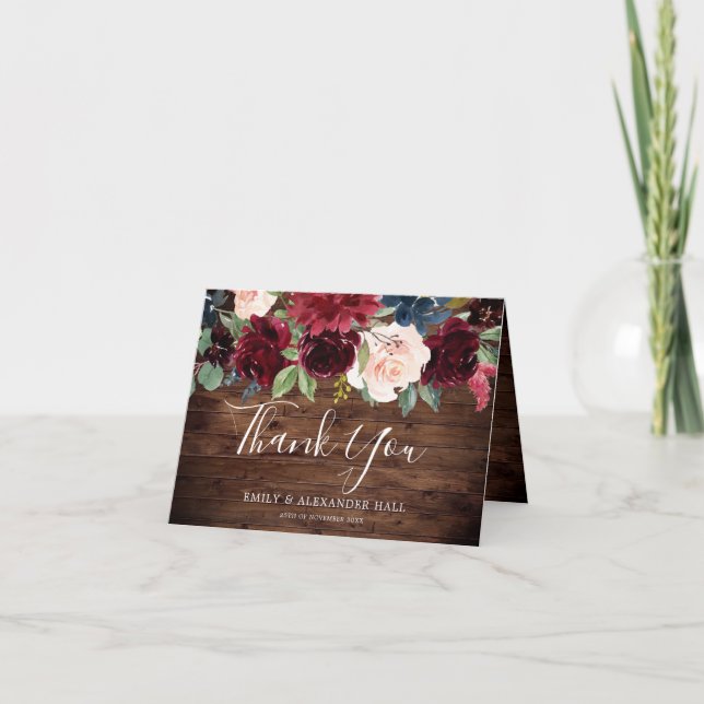 Rustic Wood Burgundy Red Wine Wedding Thank You Card (Front)