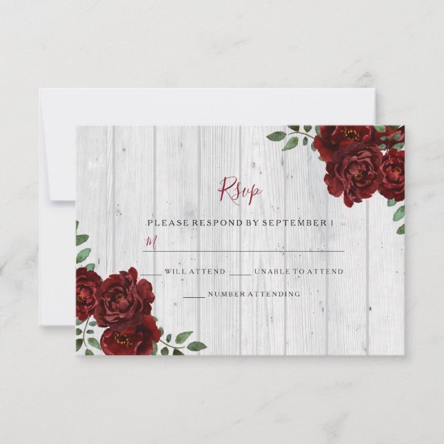 Rustic Wood Burgundy Rose Romantic Wedding RSVP Card (Front)