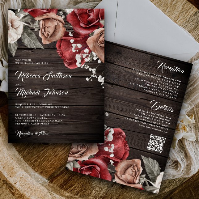 Rustic Wood Burgundy Roses QR Code Wedding Invitation (Creator Uploaded)