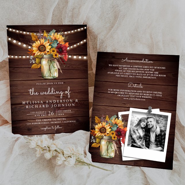 Rustic Wood Burgundy Sunflowers Mason Jar Wedding Invitation (Creator Uploaded)
