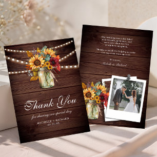 Rustic Wood Burgundy Sunflowers Mason Jar Wedding Thank You Card
