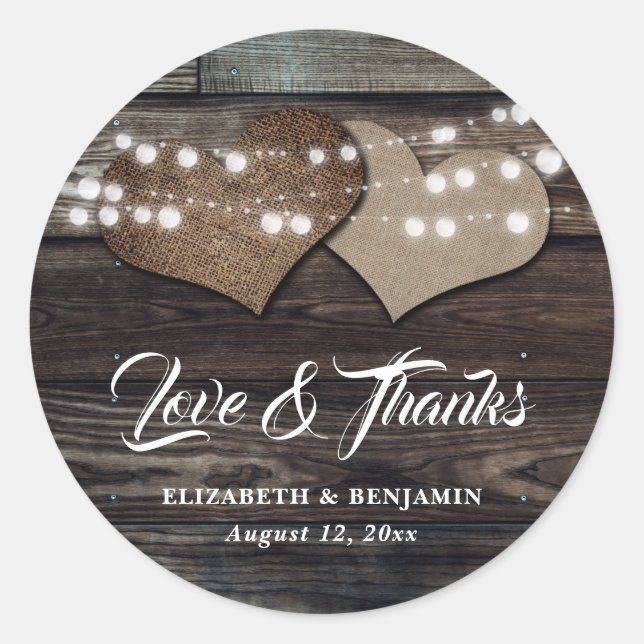 Rustic Wood Burlap and Lace Wedding Favour Sticker (Front)