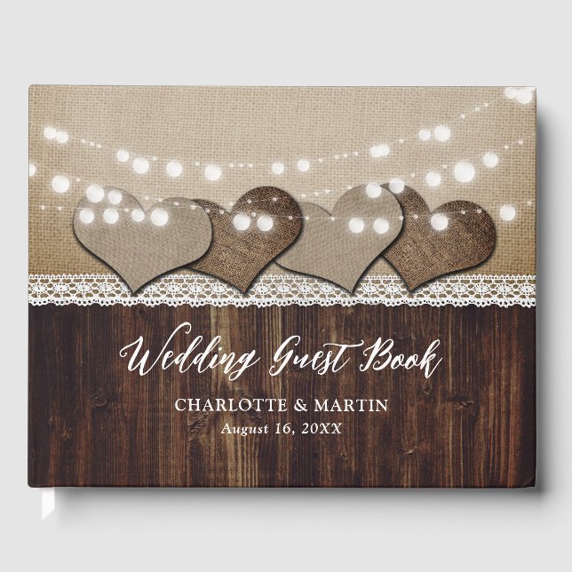 Rustic Wood Burlap and Lace Wedding Guest Book (Front)