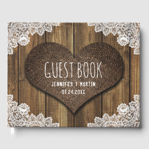 Rustic Wood Burlap and Lace Wedding Guest Book