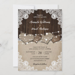 Rustic Wood Burlap and Lace Wedding Invitations