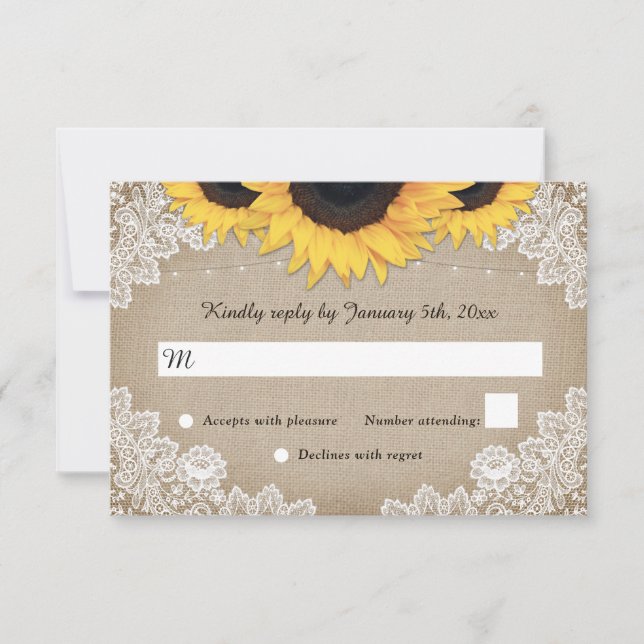 Rustic Wood Burlap Floral Lace Sunflower Wedding RSVP Card (Front)