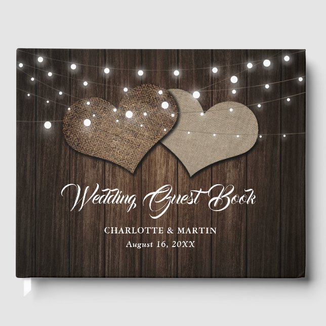 Rustic Wood Burlap Hearts String Lights Wedding Guest Book (Front)