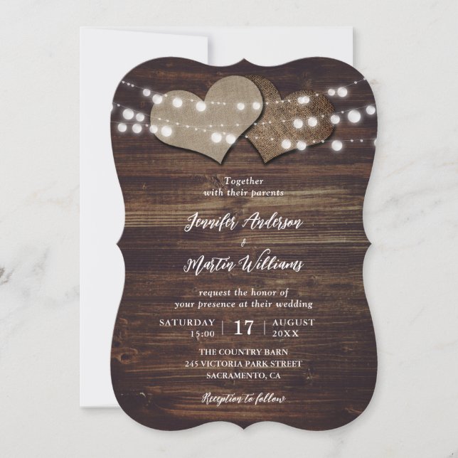Rustic Wood Burlap Hearts String Lights Wedding Invitation (Front)