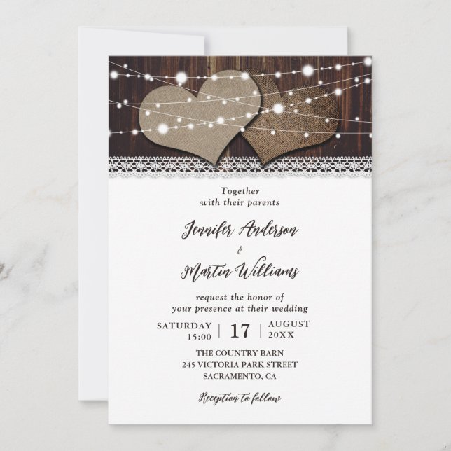 Rustic Wood Burlap Hearts String Lights Wedding Invitation (Front)