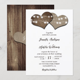 Rustic Wood Burlap Hearts Wedding Invitation