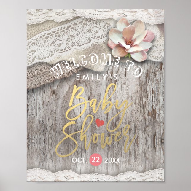 Rustic Wood Burlap Lace Baby Shower Welcome Sign (Front)