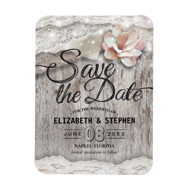 Rustic Wood Burlap Lace Barn Wedding Save The Date Magnet (Vertical)