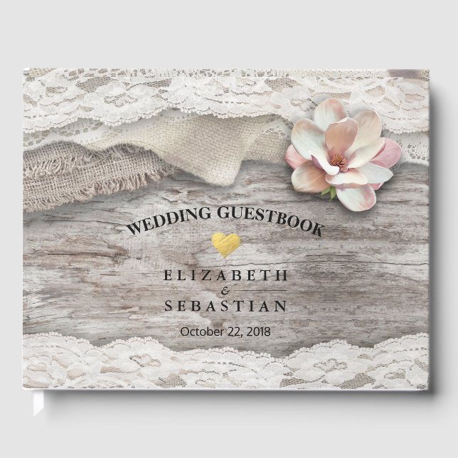 Rustic Wood Burlap Lace Floral Wedding Guestbook (Front)