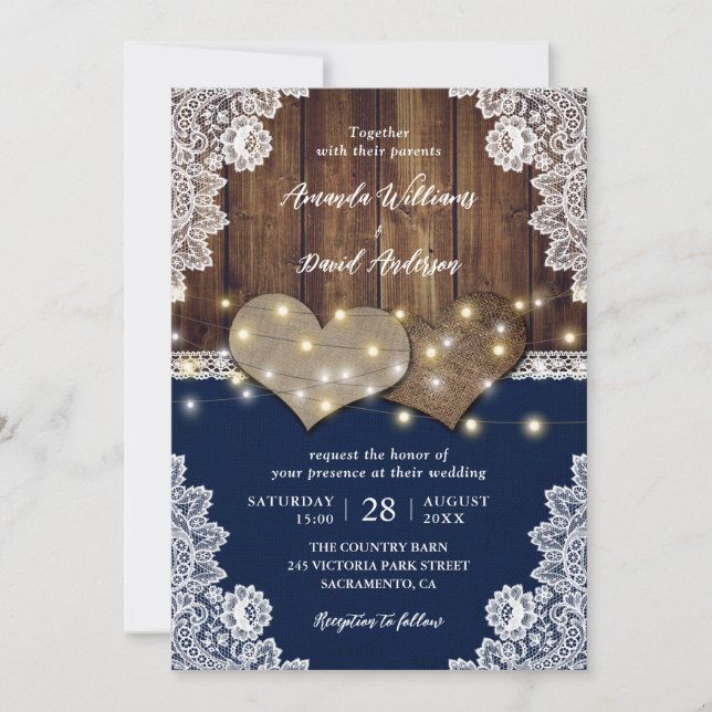 Rustic Wood Burlap Lace Navy Wedding Invitations (Front)