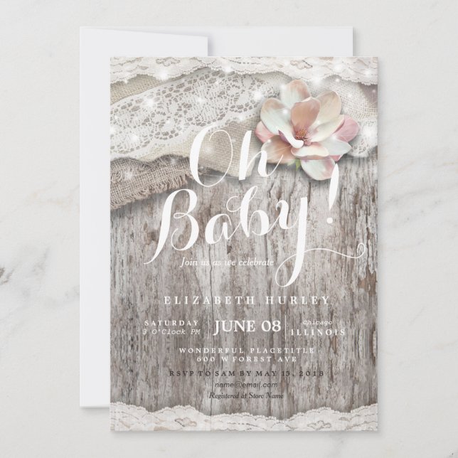 Rustic Wood Burlap Lace String Lights Baby Shower Invitation (Front)