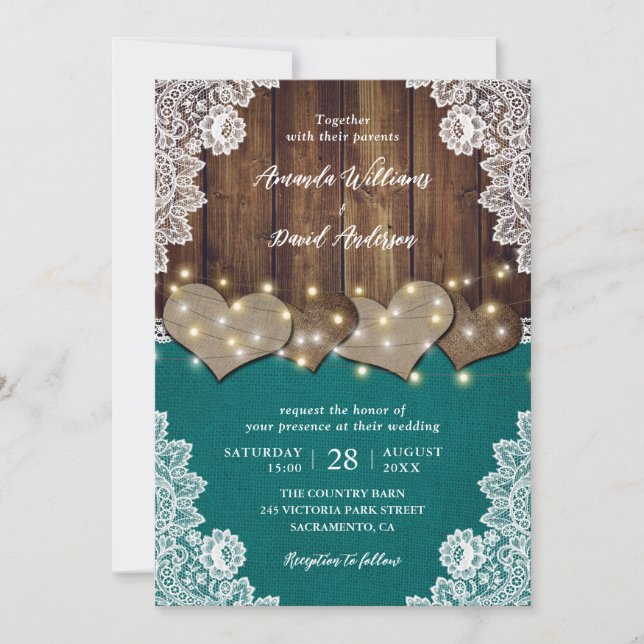 Rustic Wood Burlap Lace Teal Wedding Invitations (Front)