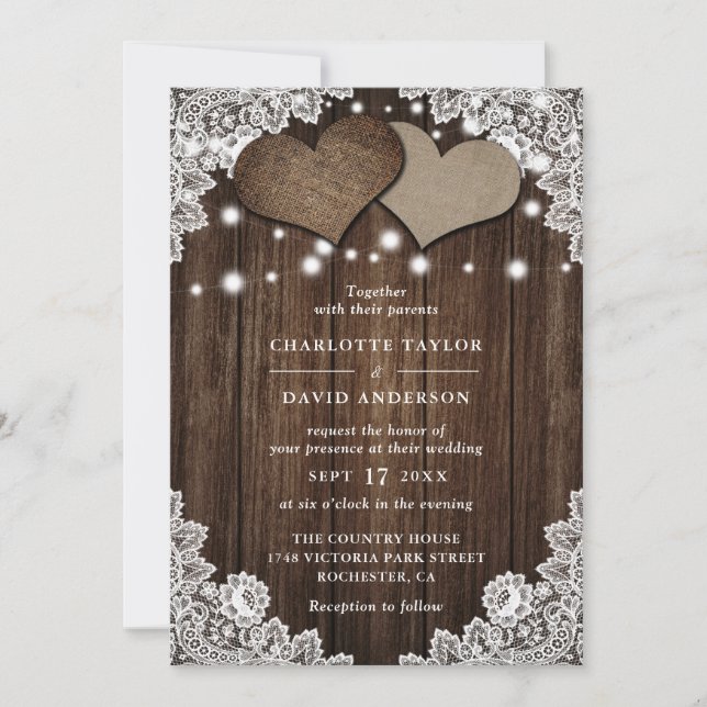 Rustic Wood Burlap Lace Wedding Invitation (Front)