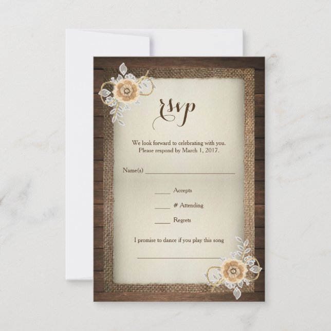 Rustic Wood Burlap & Lace Wedding RSVP Card (Front)
