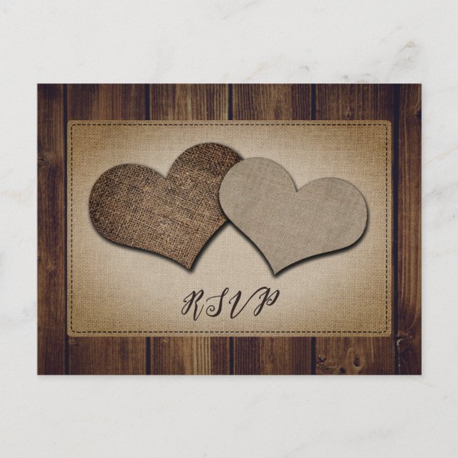 Rustic Wood Burlap Lace Wedding RSVP Postcard (Front)