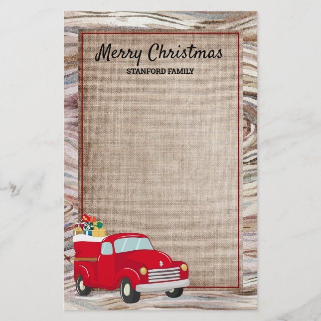 Rustic Wood Burlap Red Truck Christmas Gifts Stationery (Front)