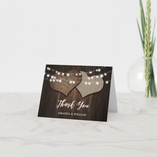 Rustic Wood Burlap String Lights Wedding Thank You Card (Front)
