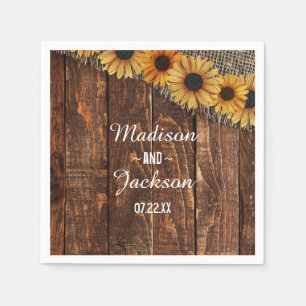 Rustic Wood & Burlap Sunflower Monogram Wedding Napkin
