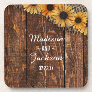 Rustic Wood & Burlap Sunflower Wedding Monogram Coaster