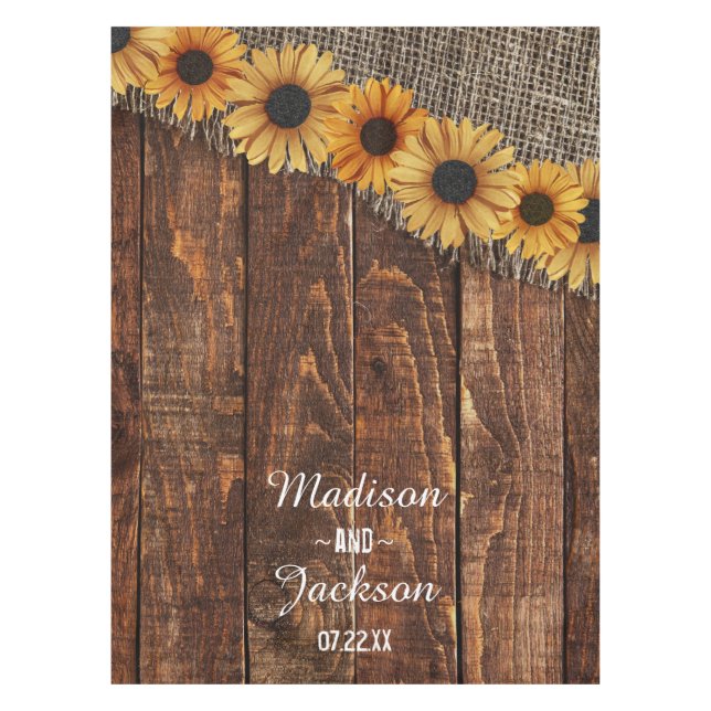 Rustic Wood & Burlap Sunflower Wedding Monogram Tablecloth (Front)
