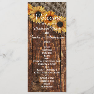 Rustic Wood & Burlap Sunflower Wedding Program Programme